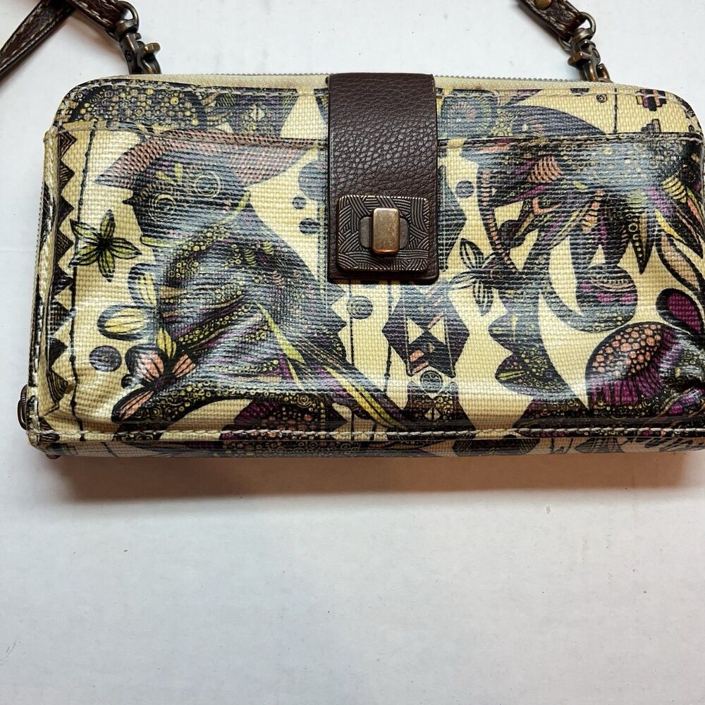 Sakroots Floral Canvas Crossbody Wallet Bag Tan Strap Multi Color Print Owl